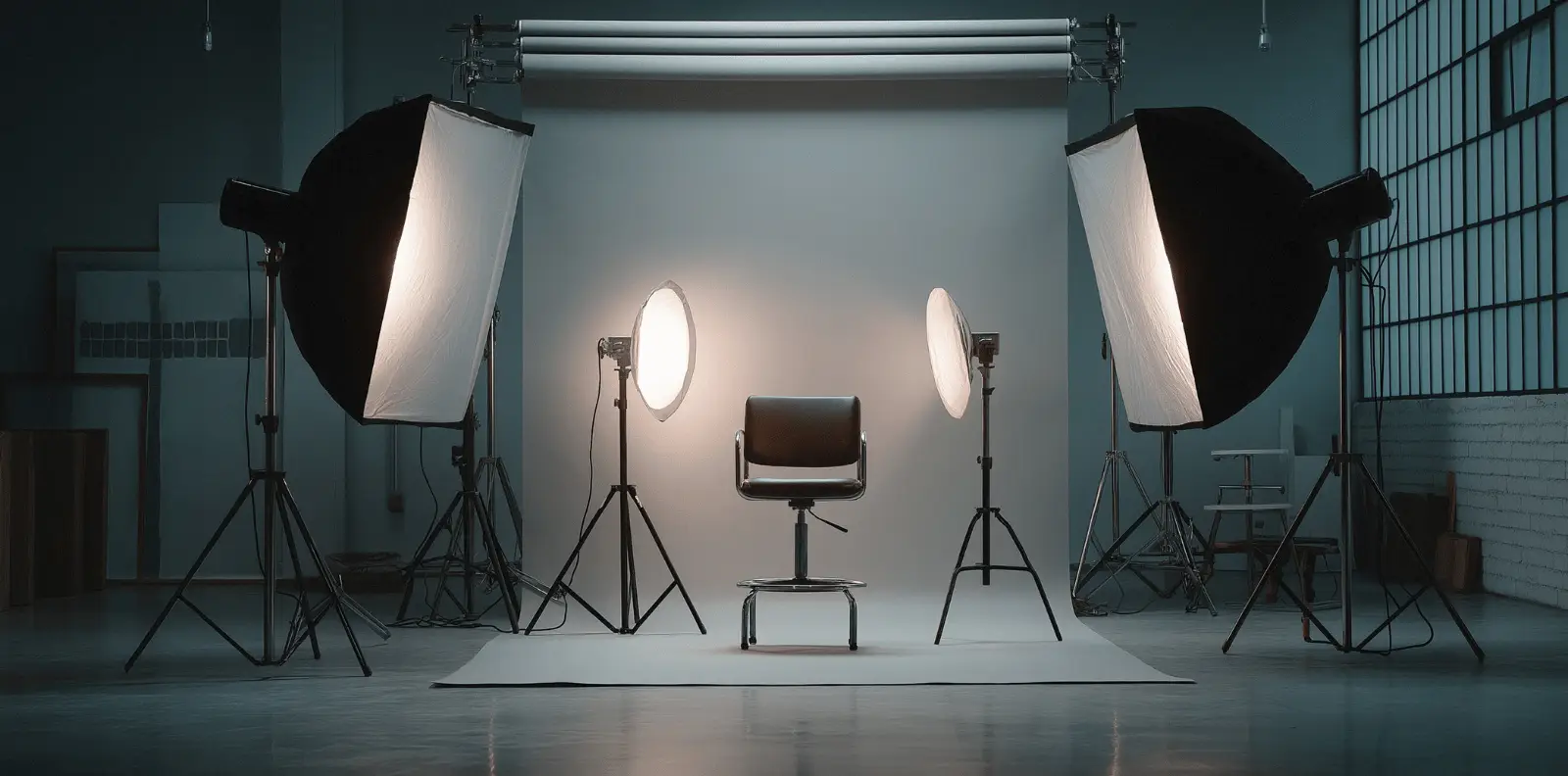 high-end video production setup with cinematic lighting and professional camera equipment